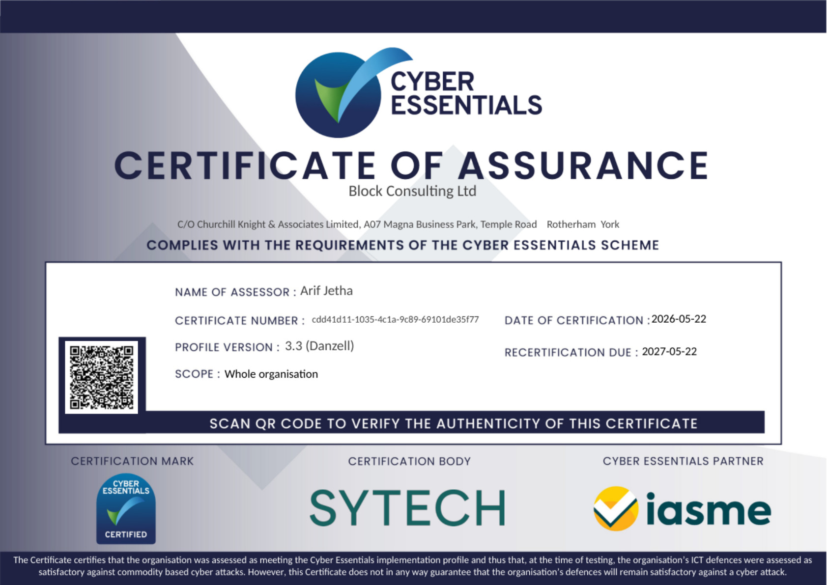 Cyber Essentials certification certificate